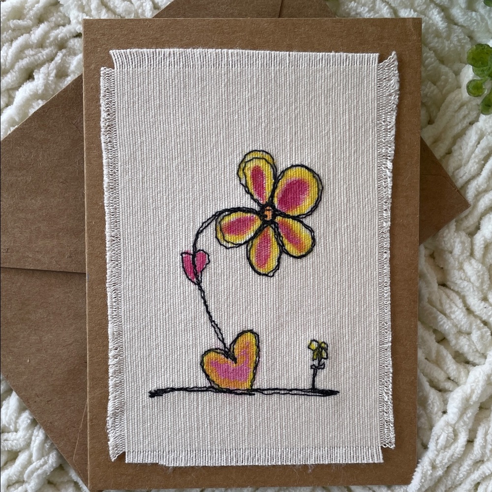 Handcrafted Embroidered Greeting Card Floral Heart Hand Painted Yellow Pink